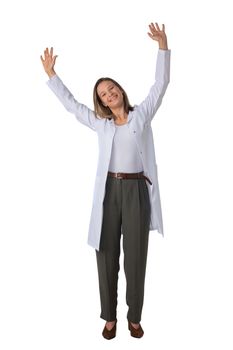 Young female medical doctor with stethoscope with raised arms isolated on white background full length studio portrait