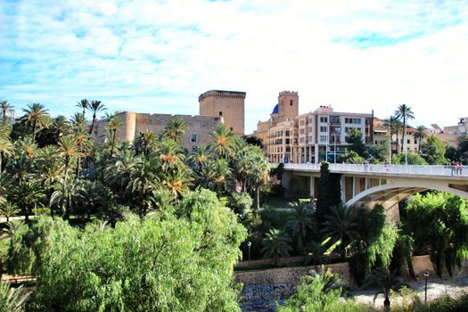 Elche, Alicante, Spain- December 12, 2018: Beautiful and Lush landscape of the Vinalopo riverbed in Elche, Alicante. People walking between vegetation.