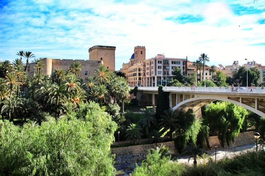 Elche, Alicante, Spain- December 12, 2018: Beautiful and Lush landscape of the Vinalopo riverbed in Elche, Alicante. People walking between vegetation.