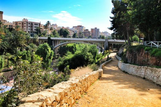 Elche, Alicante, Spain- December 12, 2018: Beautiful and Lush landscape of the Vinalopo riverbed in Elche, Alicante. People walking between vegetation.