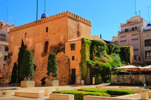 Elche, Alicante, Spain- May 30, 2019: Tourist visiting Calahorra Tower with its wonderful vertical garden under blue sky in the center of town in Elche, Alicante, Spain