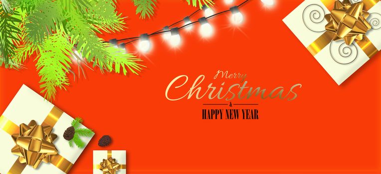 Christmas holiday banner background. Realistic Xmas gift boxes, golden shiny bow, lights, Xmas fir, golden text Merry Christmas Happy New Year over bright orange. Horizontal greeting card. 3D render.