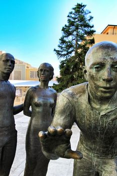 Elche, Alicante, Spain- October 7, 2020: Sculpture by Joan Ramon Garcia Castejon called 'La Critica' in front of the town hall of Elche