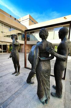 Elche, Alicante, Spain- October 7, 2020: Sculpture by Joan Ramon Garcia Castejon called 'La Critica' in front of the town hall of Elche