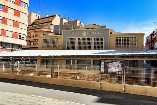 Elche, Alicante, Spain- October 7, 2020: Archeological remains found in the Fruita Square next to the old Municipal Market of Elche.