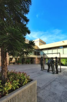 Elche, Alicante, Spain- October 7, 2020: Sculpture by Joan Ramon Garcia Castejon called 'La Critica' in front of the town hall of Elche