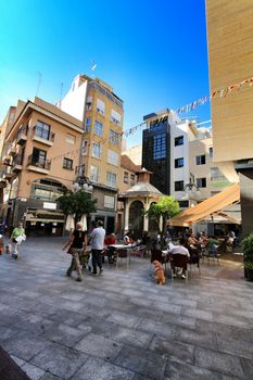 Elche, Alicante, Spain- October 7, 2020: Square in the city center of Elche called Salvador. Alicante province, Spain.