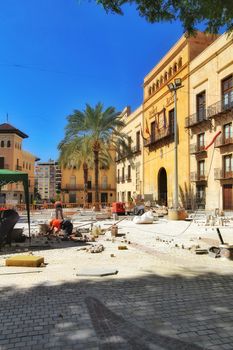 Elche, Alicante, Spain- October 7, 2020: Pedestrianization works at the Town Hall square in Elche, Alicante in Autumn