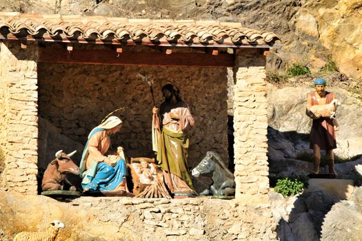 Jijona, Alicante, Spain- December 9, 2018: Traditional nativity figures in Jijona village at Christmas