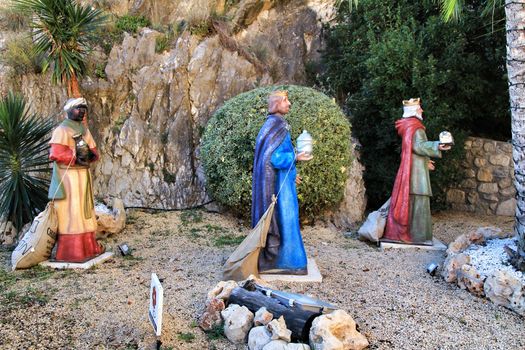 Jijona, Alicante, Spain- December 9, 2018: Traditional nativity figures in Jijona village at Christmas