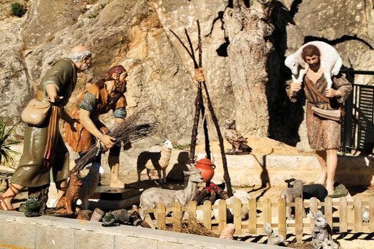 Jijona, Alicante, Spain- December 9, 2018: Traditional nativity figures in Jijona village at Christmas