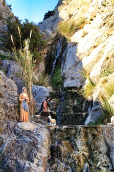 Jijona, Alicante, Spain- December 9, 2018: Traditional nativity figures in Jijona village at Christmas