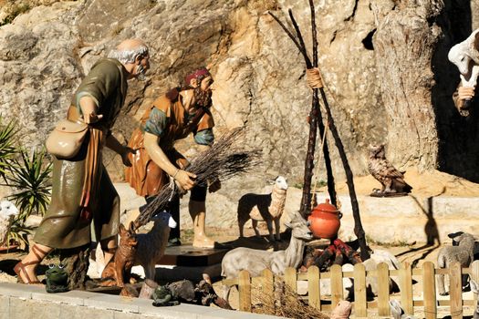 Jijona, Alicante, Spain- December 9, 2018: Traditional nativity figures in Jijona village at Christmas
