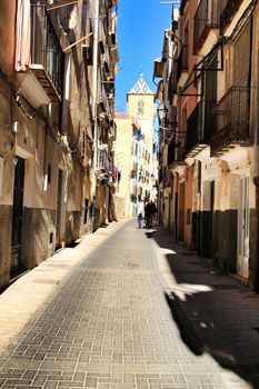 Jijona, Alicante, Spain- December 9, 2018: Narrow streets in Jijona village in Alicante province, Spain.