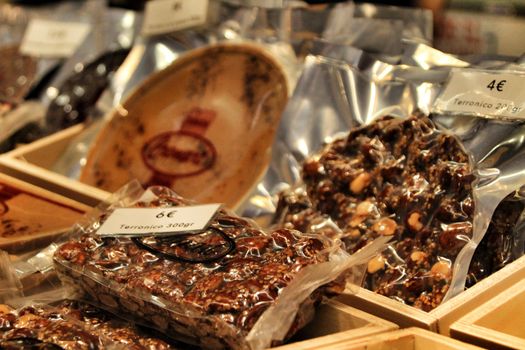 Jijona, Alicante, Spain- December 9, 2018: Nougat and other sweet Christmas crafts of the Jijona Fair