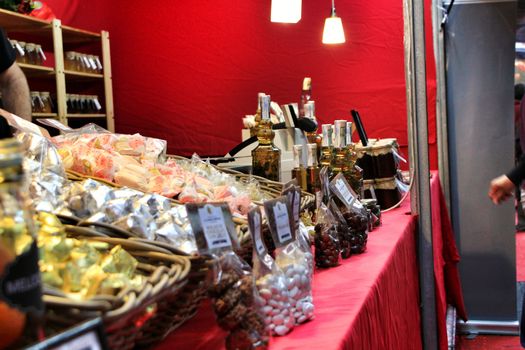 Jijona, Alicante, Spain- December 9, 2018: Nougat and other sweet Christmas crafts of the Jijona Fair