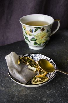Set of tea, vintage silverware spoons, various of tea and cup of tea