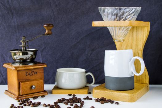 Coffee grinder, maker, cup and beans, morning coffee, energy drink