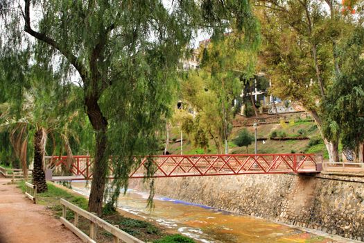 Elche, Alicante, Spain- November 16, 2018 - Landscape of the hillside of the Vinalopo River in Elche with its bridges and green vegetation after a rainy day of Autumn