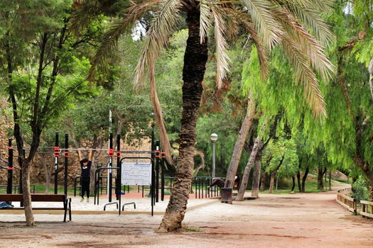 Elche, Alicante, Spain- November 16, 2018.- Young people doing sport next to the river in the park in Elche in Autumn