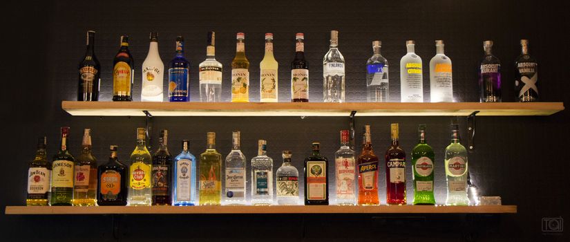 TBILISI, GEORGIA - MART 02,2018: bar alchoholic bottle, rum , tequila, vodka and other