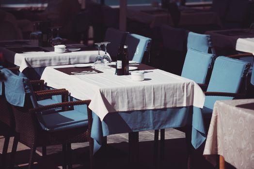 Empty tables at restaurant in Tenerife, Spain