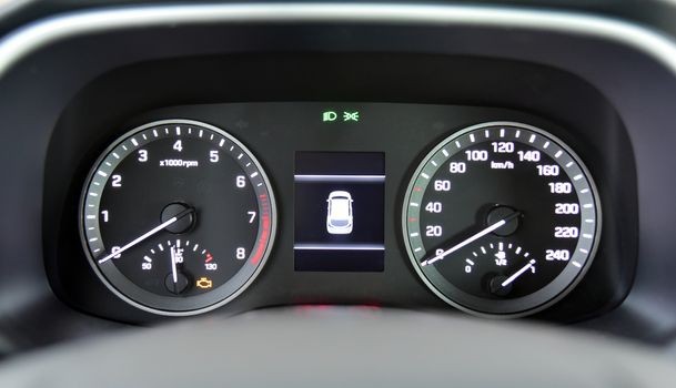 Car illuminated dashboard, part of the interior of the car