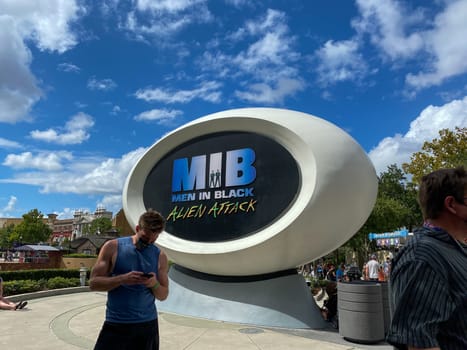 Orlando,FL/USA-10/18/20: The exterior sign at the entance to the Men In Black ride Universal Studios.