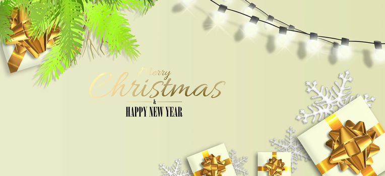 Christmas New Year holiday design. Xmas gold gift boxes, Xmas fir, glitter snowflakes, gold text Merry Christmas Happy New Year on pastel yellow background. Horizontal realistic 3D illustration