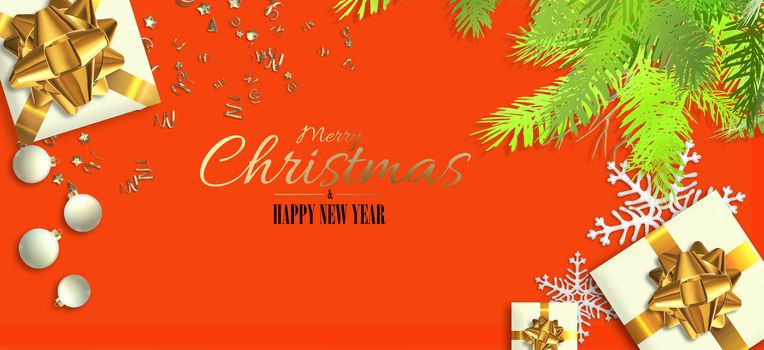 Christmas luxury New Year design. Xmas gold gift boxes, balls, Xmas fir, golden shiny confetti on bright orange. Golden text Merry Christmas Happy New Year. Horizontal banner, header. 3D illustration
