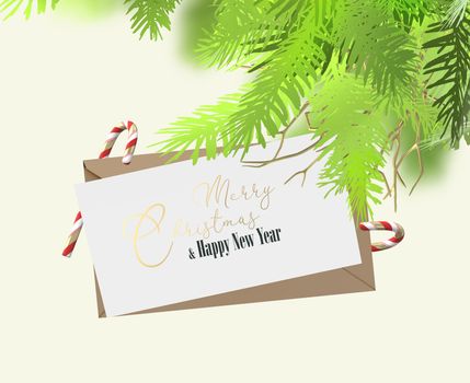 Holiday Christmas New Year design for mock. Envelope, Xmas candy canes, fir branches, text Merry Christmas on yellow background. Mock up, place for text. 3D illustration