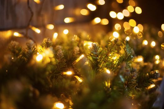 Christmas and New year decoration, defocused garland lights, bokeh effect.