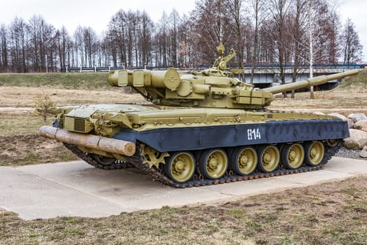 Belarus, Krupki - 29.03.2017: T-80BV tank in the exposition to the soldiers of the internationalists