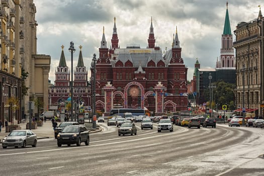 Russia, Moscow - 24.09.2016: View of the building of the State Historical Museum from the side of Tverskaya Street