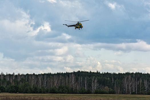 Helicopter MI-2 sits on a ground in the forest