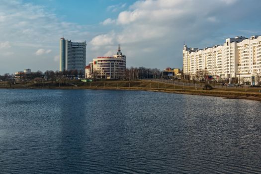 City landscape. View of the building of the bank Moscow-Minsk and the hotel Belarus