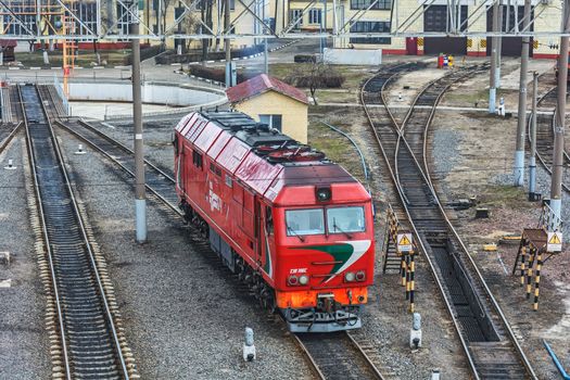 Belarus, Minsk - 20.03.2017: Diesel locomotive TEP 70 BS in the locomotive depot of the railway