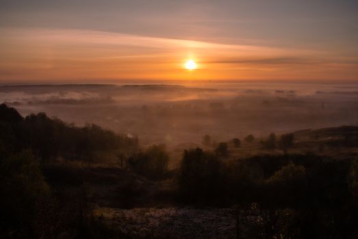 Autumn sunny landscape at the early morning, Ukraine nature