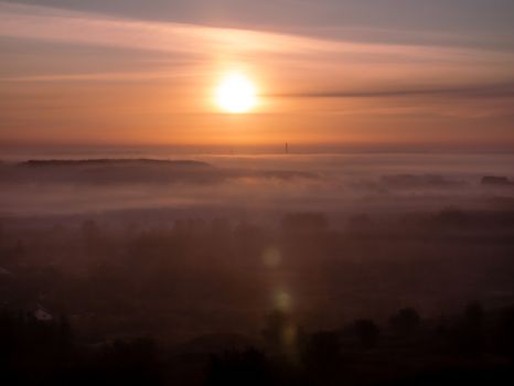 Autumn sunny landscape at the early morning, Ukraine nature