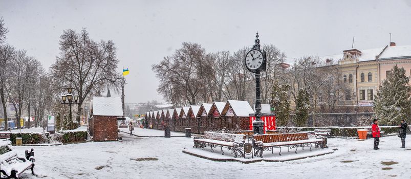 Ternopil, Ukraine 01.05.2020.  Taras Shevchenko Boulevard in Ternopol, Ukraine, on a snowy winter morning