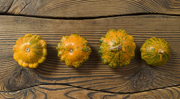 Four decorative pumpkins on burnt wood background.