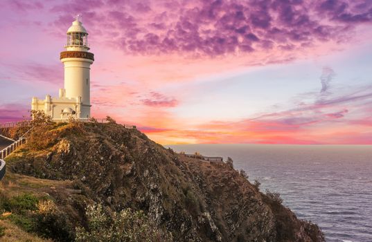 Famous Cape Byron lighthouse in New South Wales in Australia during beautiful vivid sunset