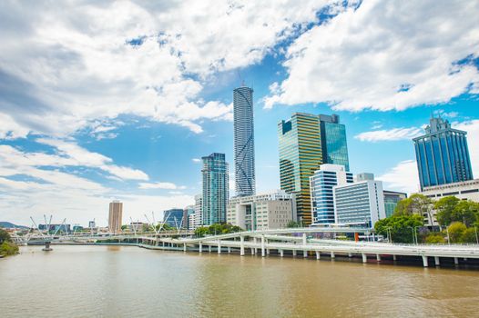 Brisbane skyline with skyscrapers across the Brisbane river. Queensland, Australia. Panoramic photo