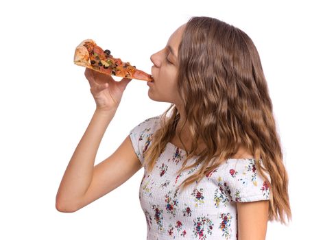 Happy beautiful young teen girl holds slice of pizza, isolated on white background