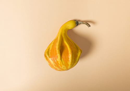 Pumpkin in the middle of beige background. Simple flat lay.