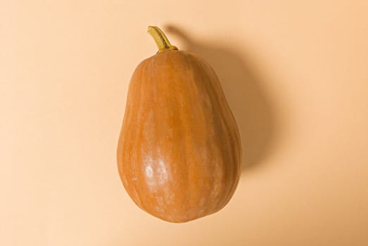 Pumpkin in the middle of beige background. Simple flat lay.