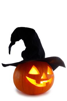 Jack O Lantern Halloween pumpkin with witches hat isolated on white background