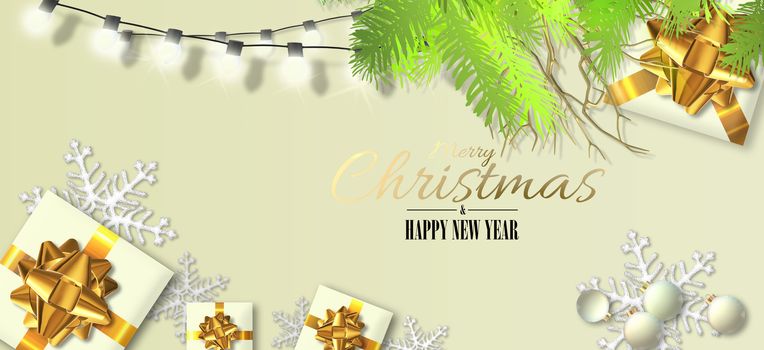 Christmas New Year holiday design. Xmas gold gift boxes, golden bows Xmas fir, snowflakes, gold text Merry Christmas Happy New Year over pastel yellow. Horizontal realistic 3D illustration