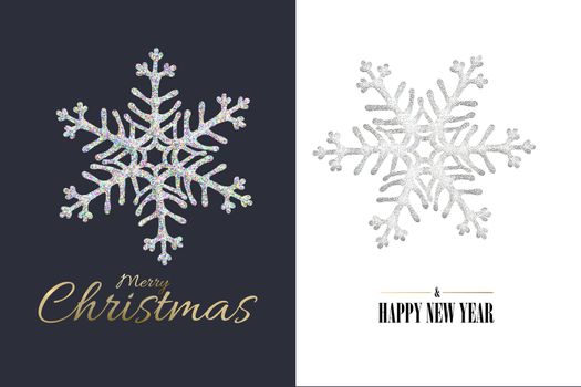 Christmas New Year close up snowflakes on blue white background. Gold text Merry Christmas Happy New Year. Minimalist design in 3D illustration. Copy space, place for text