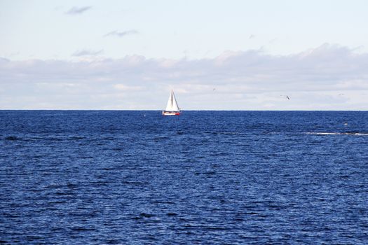 Baltic sea seascape, blue horizon, clouds and boats in Tallinn, Estonia.